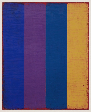 Steven Alexander, P-17, Oil and acrylic on paper, 10 x 8 inches. Vertical canvas with four vertical rectangles in yellow, royal blue, blue, and purple. Textured and layered maroon edges that bleed into the other colors. Steven Alexander is an American artist who makes abstract paintings characterized by luminous color, sensuous surfaces and iconic configurations.