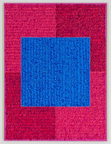 Louise P. Sloane, Labor Day, 2018, Acrylic paint and pastes on linen, 48 x 36 inches, Signed, titled and dated on the verso, four rectangles and a central square (different shades of pink with blue) and personal text written over the squares to create three dimensional texture. Louise P. Sloane has been creating abstract paintings since 1974.