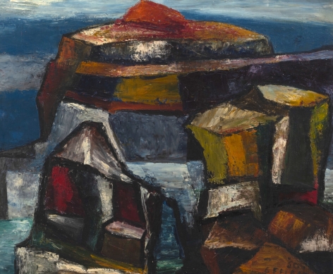 Felrath Hines, Rocks, 1950, Oil on canvas , 20 x 24 Inches. Abstract painting of stacked rocks, with both cool and warm colors. Felrath Hines worked to create universal visual idioms from a place of complex personal experience. His figurative and cubist-style artwork morphed into soft-edged organic abstracts as he grappled with hues in his chosen oil medium.