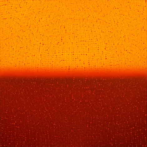 Teo Gonzalez, Large Arch/Horizon Painting 1, 2016, Acrylic on canvas over board, 78 x 78 inches. Orange and dark red background with signature grid on top. Teo Gonzalez was born in Spain, and his signature style are works that consist of thousands of drops of water, arranged into a grid pattern, inside of which a small amount of ink or enamel was dropped and left to dry.
