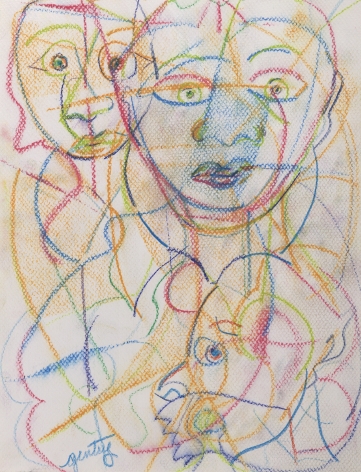 Herbert Gentry, Dialogue Series F, 1993,  Pastel and colored pencil on paper, 12 x 9 1/2 inches,  Signed lower left. Abstract drawing with what appears to be three faces, made of red, blue, yellow, and green marks. Herbert Gentry painted in a semi-figural abstract style, suggesting images of humans, masks, animals and objects caught in a web of circular brush strokes, encompassed by flat, bright color.