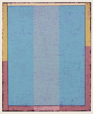 Steven Alexander, Untitled (P3-18), Oil and acrylic on paper, 10 x 8 inches. Framed blue box with pink and yellow edges. Textured dark eyes and lines that separate the other colors. Steven Alexander is an American artist who makes abstract paintings characterized by luminous color, sensuous surfaces and iconic configurations.