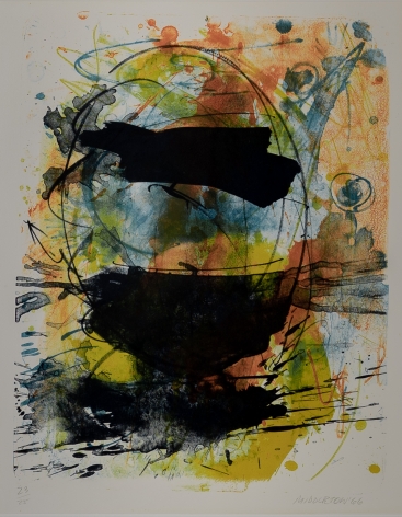Sam Middleton, Indigo, 1966,  Lithograph on paper,  21-1/2 x 16-1/2 inches,  23/25,  Signed, numbered and dated. Abstract work with organic movement in black, blue, orange and yellow. Sam Middleton was one of the leading 20th-century American artists, and is a mixed-media collage artist.