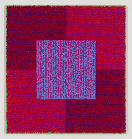 Louise P. Sloane, DRVBS, 2015, Acrylic paint and pastes on aluminum panel, 26 x 24 inches, signed, titled and dated on the verso, SOLD, four rectangles and a central square (magenta, and purple) with personal text written over the squares in pink and blue to create three dimensional texture. Louise P. Sloane has been creating abstract paintings since 1974, embracing minimalist techniques and the beauty of color and texture.