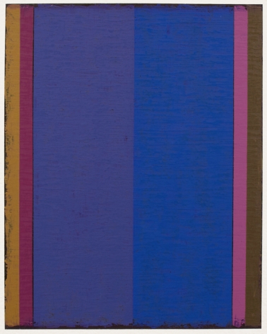 Steven Alexander, P9-18, 2018,  Oil & acrylic on paper, 10 x 8 inches. Six thick and thin vertical rectangles in orange, magenta, purple, blue, pink and and brown. Steven Alexander is an American artist who makes abstract paintings characterized by luminous color, sensuous surfaces and iconic configurations.
