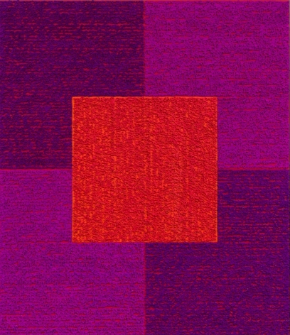 Louise P. Sloane, Violets Red, 2013, Acrylic paint and pastes on aluminum panel, 56 x 48 x 3/8 inches, SOLD, four squares and a central square (red, and purple) with personal text written over the squares in red to create three dimensional texture. Louise P. Sloane has been creating abstract paintings since 1974, embracing minimalist techniques and the beauty of color and texture.