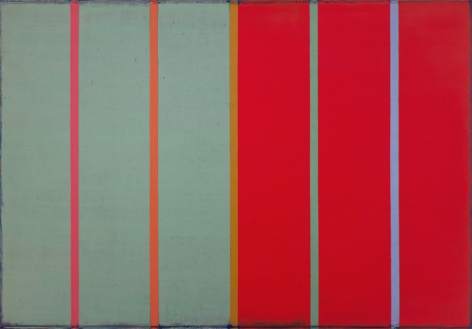 Steven Alexander, TRACER 10, 2016, Oil and acrylic on linen, 42 x 60 in. Signed, titled and dated on verso. Horizontal canvas split in two: red and green. On top of these colors are five thin vertical lines in pink, orange, orange, green and blue. Steven Alexander is an American artist who makes abstract paintings characterized by luminous color, sensuous surfaces and iconic configurations.
