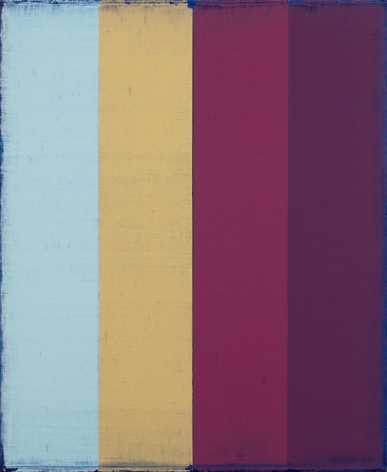 Steven Alexander, Arcade 4, 2017, Oil and acrylic on canvas, 22 x 18 inches, Signed and titled on the verso, Vertical rectangles in light blue, yellow, pink and purple with rough navy blue edges, Steven Alexander is an American artist who makes abstract paintings characterized by luminous color, sensuous surfaces and iconic configurations.
