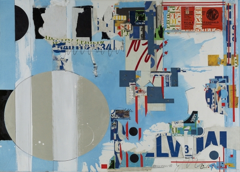 Sam Middleton, Ella, 1998,  Mixed media and collage on paper,  30-1/2 x 42-1/4,  Signed dna dated lower right. Collage with  blue, grey, and white layered over typography. Sam Middleton was one of the leading 20th-century American artists, and is a mixed-media collage artist.