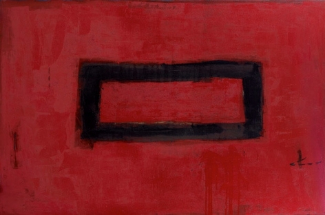 Katherine Parker, Track, 2011, Oil on canvas, 48 x 72 inches. Abstract red painting with black outlined rectangle in the center. Katherine Parker is known for her large vividly painted canvases which are characterized by layers of stumbled and abraded oil paint.