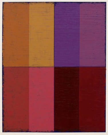 Steven Alexander, P16-18, 2018, Oil & acrylic on paper, 10 x 8 inches. Eight equal sized rectangles, in orange, yellow, purple and lavender stacked on top of; red, pink, maroon and deep red. Steven Alexander is an American artist who makes abstract paintings characterized by luminous color, sensuous surfaces and iconic configurations.