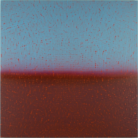 Teo Gonzalez, Arch/Horizon Painting 6, 2016, Acrylic on canvas over board, 48 x 48 inches. Sky blue and dark red background with signature grid on top. Teo Gonzalez was born in Spain, and his signature style are works that consist of thousands of drops of water, arranged into a grid pattern, inside of which a small amount of ink or enamel was dropped and left to dry.