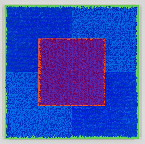 Louise P. Sloane, Ring Of Fire, 2018, Acrylic paints and pastes on linen, 36 inches x 36 inches, four rectangles and a central square (blue and lighter blue with green edges) with personal text written in blue and red over the squares to create three dimensional texture. Louise P. Sloane has been creating abstract paintings since 1974. Her works focus on geometric forms while celebrating color and texture.
