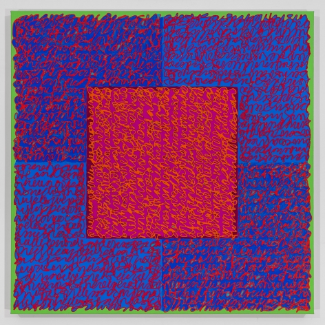 Louise P. Sloane, Burner, 2018, Acrylic paints and pastes on linen, 36 x 36 inches, four rectangles and a central square (blue, purple, pink and green edge) with personal text written in pink over the squares to create three dimensional texture. Louise P. Sloane has been creating abstract paintings since 1974. Her works focus on geometric forms while celebrating color and texture.