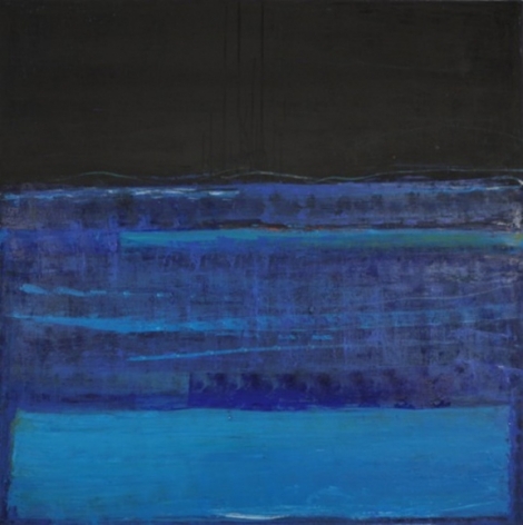 Katherine Parker, Fathom, 2015, Oil on canvas, 60 x 60 inches, Abstract painting with multiple layers of black and blue , Katherine Parker is known for her large vividly painted canvases which are characterized by layers of stumbled and abraded oil paint.