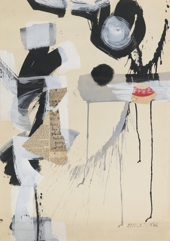 Sam Middleton, Cymbals, 1962,  Mixed media and collage on paper,  25-1/4 X 17-3/4,  Signed and dated lower right. Mixed media abstract work with newspaper, black and white splattered paint. Sam Middleton was one of the leading 20th-century American artists, and is a mixed-media collage artist.