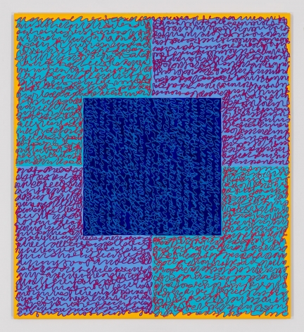 Louise P. Sloane, Fated 5, 2016, Acrylic paint and pastes on Aluminum Panel, 40 x 36 inches, Signed, titled and dated on verso, four rectangles and a central square (turquoise, blue, and yellow edges) with personal text written over the squares in pink and light blue to create three dimensional texture. Louise P. Sloane has been creating abstract paintings since 1974.