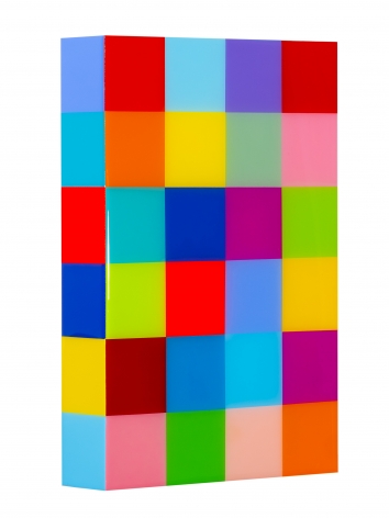 Heidi Spector, Deep In The Heart of Me II, 2019, Liquitex with resin on Birch panel,18 x 12 x 3 inches, Signed, titled and dated on the verso, Vertical panel with bright and colorful cubes set in a glass-like surface, Heidi Spector creates geometric minimalist art inspired by musical rhythms that are composed of repetitive cubes in candy-like colors that vibrate.