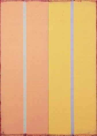 Steven Alexander,  VOICE 2, 2015, Oil & acrylic on canvas, 42 x 30 inches, Vertical rectangles, peach and yellow with rough edges, Steven Alexander is an American artist who makes abstract paintings characterized by luminous color, sensuous surfaces and iconic configurations.