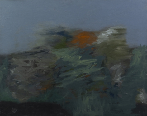 Felrath Hines, Landscape, 1959,  Oil on canvas, 29 x 37 inches. Painterly brush strokes in various shades of blue, grey and orange. Felrath Hines worked to create universal visual idioms from a place of complex personal experience. His figurative and cubist-style artwork morphed into soft-edged organic abstracts as he grappled with hues in his chosen oil medium.