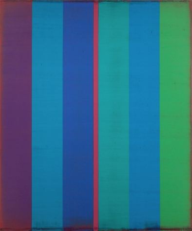 Steven Alexander, Is & Was 25, 2017, Oil and acrylic on linen,60 x 50 inches, 6 Vertical rectangles in purple, blue and green, split in the middle with a pink stripe. Steven Alexander is an American artist who makes abstract paintings characterized by luminous color, sensuous surfaces and iconic configurations.