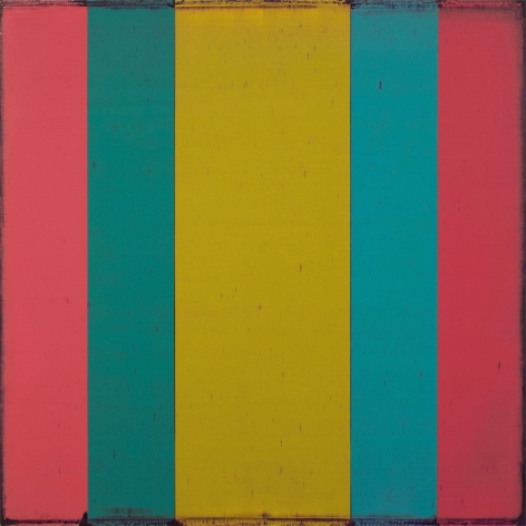Steven Alexander, Generation 4, 2018, Oil and acrylic on linen, 32 x 32 inches, 5 vertical rectangles in pink, blue and yellow, mirroring each other. Steven Alexander is an American artist who makes abstract paintings characterized by luminous color, sensuous surfaces and iconic configurations.