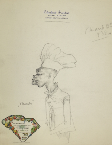 Hilla Rebay, Moses, Graphite on paper, 10 3/4 x 8 1/4 inches, pencil sketch of man in chefs uniform. Hilla Rebay was an abstract artist and co-founder of the Guggenheim.