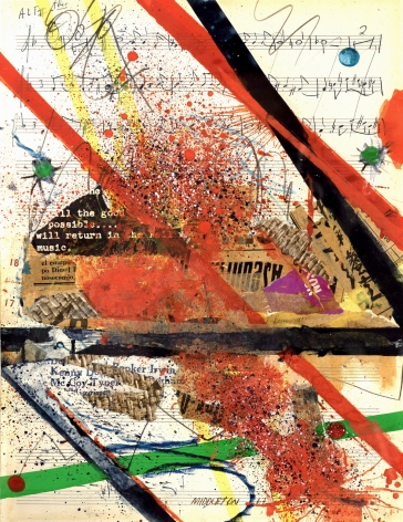 Sam Middleton, Slashes of Sound, 1967, Mixed media collage, 9-1/2 x 12 inches, Lower center and dated, Middleton 67, Vibrant collage with red, green and yellow paint on top of music notes. Sam Middleton was one of the leading 20th-century American artists, and is a mixed-media collage artist.