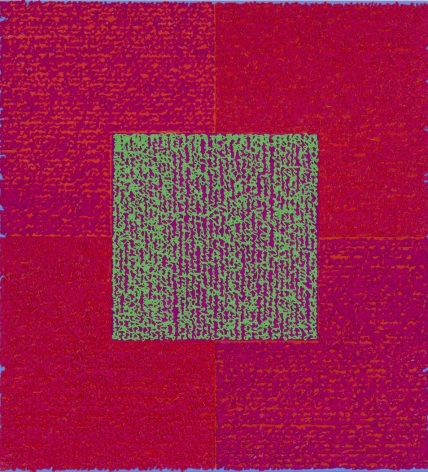 Louise P. Sloane, The Mighty Atom, 2014, Acrylic paints and pastes on aluminum panel, 50 inches x 46 inches, four rectangles and a central square (magenta and pink) with personal text written in green over the squares to create three dimensional texture. Louise P. Sloane has been creating abstract paintings since 1974. Her works focus on geometric forms while celebrating color and texture.