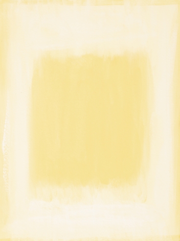 Felrath Hines, Untitled,  Watercolor on paper, 7.75 x 6 inches, Unsigned. Pale yellow rectangle with organic yellow rectangle in the center of the frame. Felrath Hines worked to create universal visual idioms from a place of complex personal experience. His figurative and cubist-style artwork morphed into soft-edged organic abstracts as he grappled with hues in his chosen oil medium.