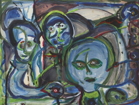 Herbert Gentry, The Ones Around One,  Mixed media on paper,  18 3⁄4 x 24 3⁄4 inches,  Signed lower left: Gentry. Abstract work with fields of blue, green outlines and red. Herbert Gentry painted in a semi-figural abstract style, suggesting images of humans, masks, animals and objects caught in a web of circular brush strokes, encompassed by flat, bright color.