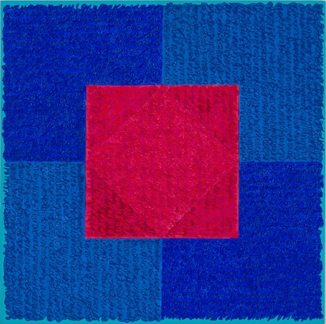 Louise P. Sloane, BB Red Square, 2018, Acrylic paint and pastes on linen, 42 x 42 inches, SOLD, Signed, titled and dated on the verso, four rectangles and a central square (different shades of blue with red) and personal text written over the squares to create three dimensional texture. Louise P. Sloane has been creating abstract paintings since 1974.