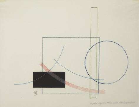 Dwinell Grant, Contrathemis Frame 2809, 1941,  Colored pencil on tracing paper, 8 x 10 1/2 inches, Blue square, black square, and blue outlined circle. Dwinell Grant made experimental modernist and constructivist films and paintings.