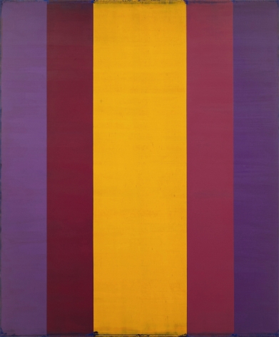 Steven Alexander, Generation 2, 2018, Oil and acrylic on linen, 60 x 50 inches, 5 vertical rectangles in purple, magenta and yellow mirroring the others. Steven Alexander is an American artist who makes abstract paintings characterized by luminous color, sensuous surfaces and iconic configurations.