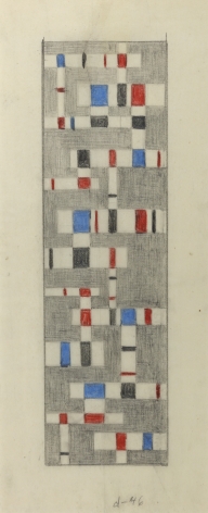 Burgoyne Diller, Untitled, 1946, Grpahite and crayon on vellum, 18 5/8 x 7 1/8 inches, Vertical pencil drawing with red and blue squares. Burgoyne Diller was a modernist artist who worked in various mediums to create geometric abstractions.