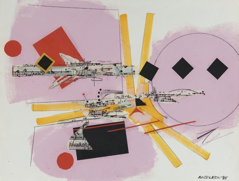 Sam Middleton, Rhythm Section, 1985,  mixed media and collage on paper, 19 1/4 x 25 inches,  Signed and dated lower right. Abstract work with pastel pink, red and yellow. Music notes in the background. Sam Middleton was one of the leading 20th-century American artists, and is a mixed-media collage artist.