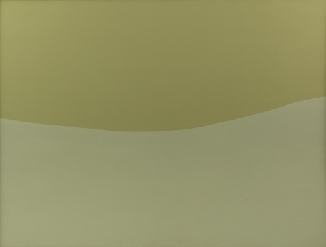 Felrath Hines, Beige Green, 1968, Oil on canvas, 36 x 48 inches. Canvas split in half organically between two hues of green. Felrath Hines worked to create universal visual idioms from a place of complex personal experience. His figurative and cubist-style artwork morphed into soft-edged organic abstracts as he grappled with hues in his chosen oil medium.