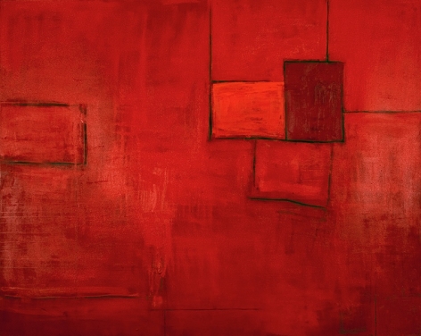 Katherine Parker, Fire Wall, Oil on canvas, 72 x 96 inches, Abstract red painting with black outlined rectangular boxes, Katherine Parker is known for her large vividly painted canvases which are characterized by layers of stumbled and abraded oil paint.