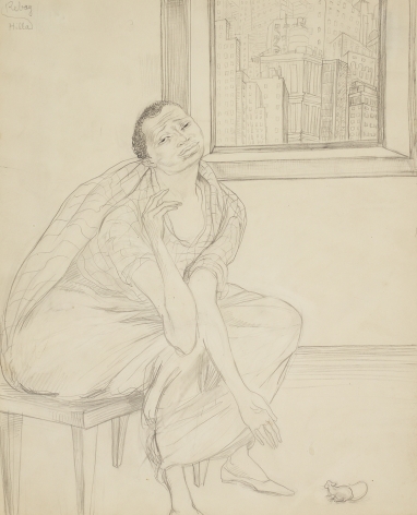 Hilla Rebay, Tenement, Graphite on paper, 13 1/2 x 11 inches, pencil sketch of person with unnatural long arms and a city backdrop. Hilla Rebay was an abstract artist and co-founder of the Guggenheim.