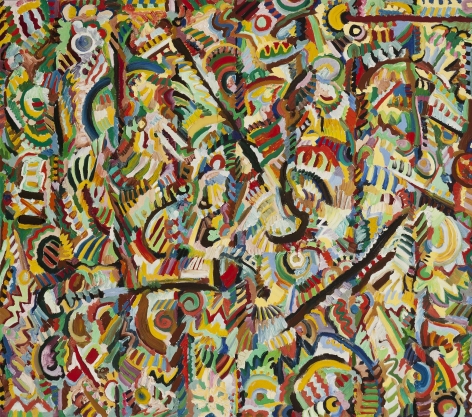 Ed Gilliam, Untitled, 1983, Oil on canvas, 49 x 56 inches, Signed & dated on verso, Vibrant and colorful work with a variety of shapes and patterns, Ed Gilliam creates work that is abstract, strong and energetic.