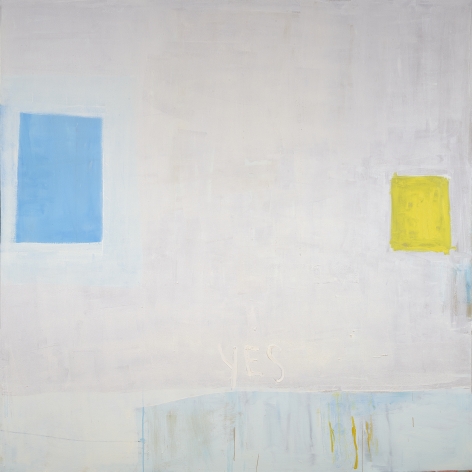 Katherine Parker, The Conversation, 2017,  Oil on canvas,  60 x 60 inches. Abstract work with the word 'yes' painted in yellow, and two rectangles facing each other in blue and yellow. Katherine Parker is known for her large vividly painted canvases which are characterized by layers of stumbled and abraded oil paint.