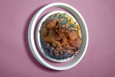 Morel Doucet, Pink Manifesto, 2016 White Earthenware, Glazed & Acrylic Stain 20  inches, 3-D Ceramic circle with ocean flora glazed in vibrant colors. Morel Doucet creates work that combines the natural world with people's inner consciousness inspired by indigenous people of different cultures.