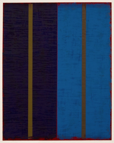 Steven Alexander, P5-18, Oil and acrylic on paper, 10 x 8 inches. Vertical canvas, navy blue on left and royal blue on right, with golden strips in the center of each. Steven Alexander is an American artist who makes abstract paintings characterized by luminous color, sensuous surfaces and iconic configurations.