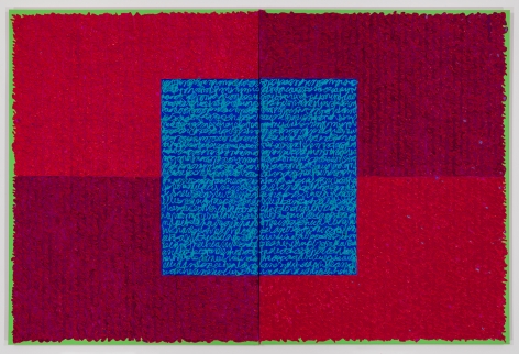 Louise P. Sloane, RRCT, 2018, Acrylic paints and pastes on linen, 48 x 72 inches, four rectangles and a central square (magenta, red and blue with green edges) with personal text written in blue and red over the squares to create three dimensional texture. Louise P. Sloane has been creating abstract paintings since 1974. Her works focus on geometric forms while celebrating color and texture.