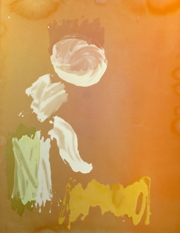 Dan Christensen, Jelly Roll Soul, 1981, Acrylic on canvas, 50 x 43 inches, Signed, titled, and dated on the verso, Abstract and action based work with Orange background, with white green and yellow areas of color, Dan Christensen pushes the limits of paint and pictorial form creating works that are Post-Painterly Abstraction with methods of action painting and Abstract Expressionism.