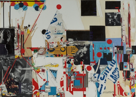 Sam Middleton, Jam session, 1993,  Mixed media and collage on paper,  30-1/2 x 42,  Signed and dated lower right. Collage with black and white photographs, blue type and geometric shapes in primary colors. Sam Middleton was one of the leading 20th-century American artists, and is a mixed-media collage artist.
