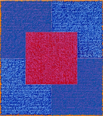Louise P. Sloane, Blues, 2015 , 40 x 34 inches, Acrylic paint and pastes on aluminum panel, SOLD,  four squares and a central square (pink and blue) with personal text written over the squares in blue and pink to create three dimensional texture. Louise P. Sloane has been creating abstract paintings since 1974, embracing minimalist techniques and the beauty of color and texture.