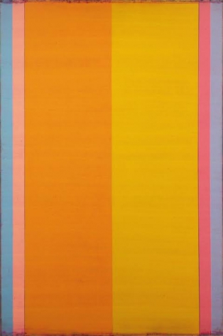 Steven Alexander, Reverb 9, 2017, Oil & acrylic on canvas, 72 x 48 inches, Vertical rectangles, orange and yellow with blue, pink and purple vertical stripes on the side, Steven Alexander is an American artist who makes abstract paintings characterized by luminous color, sensuous surfaces and iconic configurations.