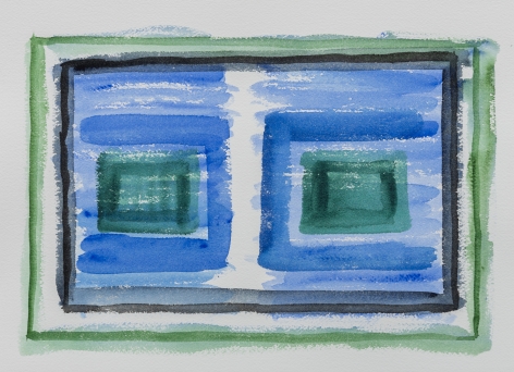 Felrath Hines, Untitled, 1980s,  Watercolor on paper, 10 x 14.25 inches. Blue, green and navy horizontal paint strokes and rectangles. Felrath Hines worked to create universal visual idioms from a place of complex personal experience. His figurative and cubist-style artwork morphed into soft-edged organic abstracts as he grappled with hues in his chosen oil medium.