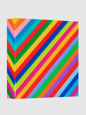 Heidi Spector, My Clarity II, 2019, Liquitex with resin on Birch panel, 12 x 12 x 2 inches, Signed, titled and dated on the verso, Vertical panel with colorful cubes set in a glass-like surface, Heidi Spector creates geometric minimalist art inspired by musical rhythms that are composed of repetitive cubes in candy-like colors that vibrate.